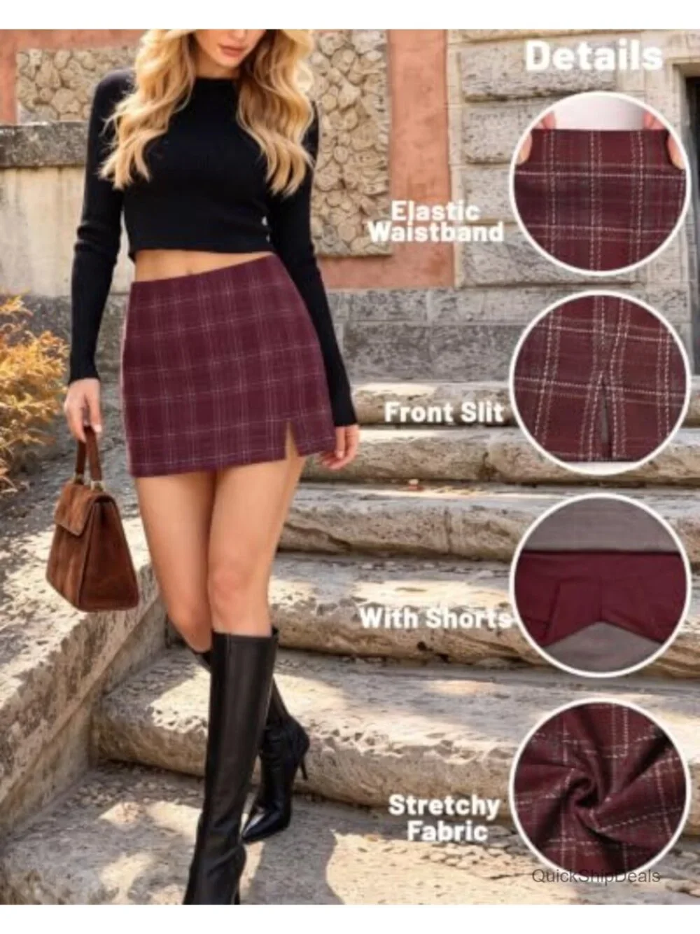 Women's Plaid Gingham Mini Skort High Waisted Slit Elastic Waist Fall